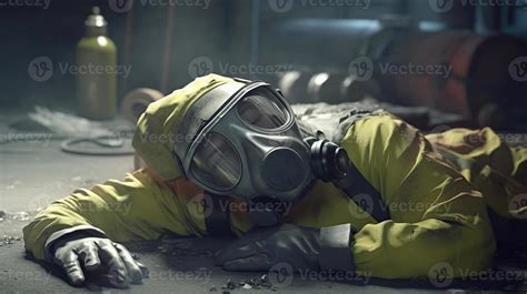 Chemicals Worker In Hazmat Suit And Gas Mask Lying Down Safety Work