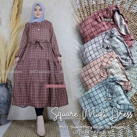 Jual SQUARE MIDI DRESS Matt Shakila Motif Kotak Tali Pinggang Shopee