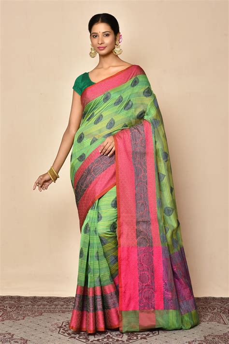 Buy Green Cotton Silk Woven Geometric Banarasi Floral Border Saree For