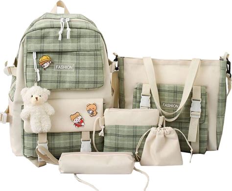 Amazon Mininai Pcs Plaid Aesthetic Backpack Set With Cute Pins