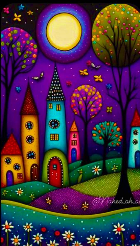 A Painting Of Colorful Houses In The Night