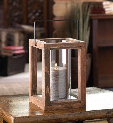 Wooden Candle Lantern Large Glass Votive Pillar Holder Country Cabin Wooden Lanterns Rustic