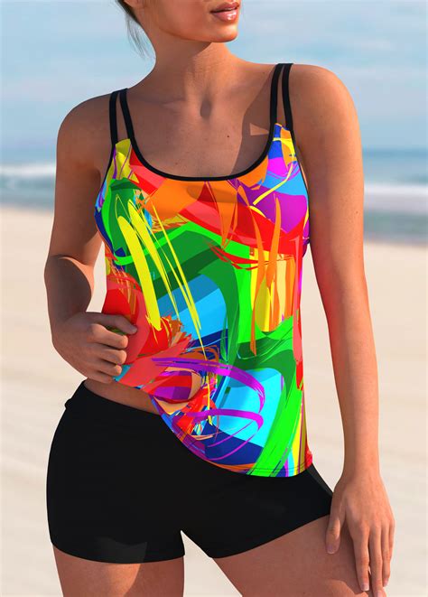 Rotita Stroke Print Rainbow Color Wide Strap Tankini Top Rotita