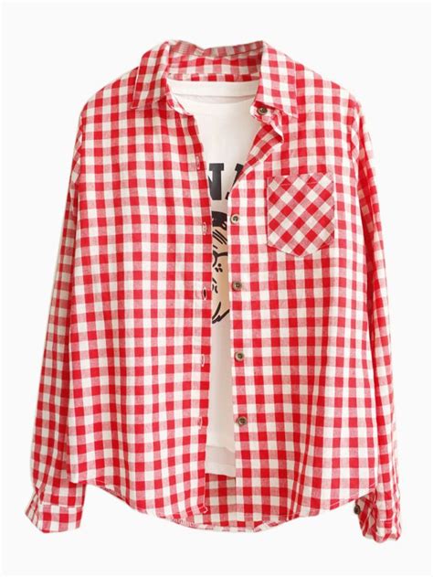 Red Gingham Long Sleeve Shirt Fashion Tops Blouse