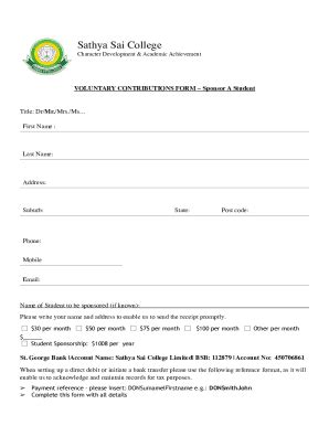 Fillable Online Voluntary Contribution Form Sathya Sai College