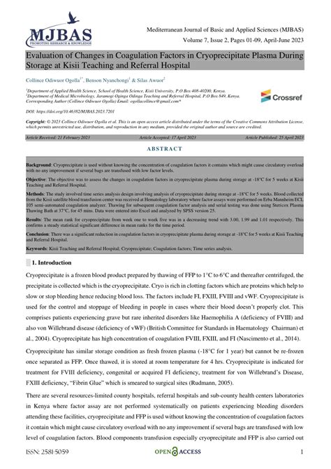 (PDF) Evaluation of Changes in Coagulation Factors in Cryoprecipitate Plasma During Storage at ...