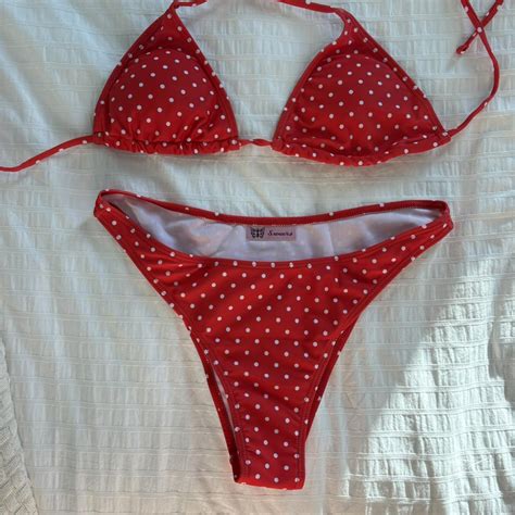 Red Polka Dot Bikini Set Size Medium Brand Depop
