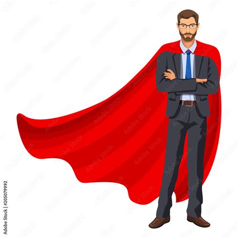 Superhero Man In Red Cape Male Hero Businessman Superhero Bearded