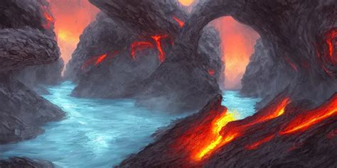 Fantasy Concept Art Of A Canyon With A Lava River Stable Diffusion