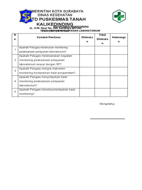 Instrumen Monitoring Monitoring Pelaksanaan Pelayanan Laboratorium Pdf