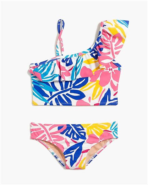 Factory Girls Hawaiian Print Ruffle One Shoulder Bikini Set For Girls