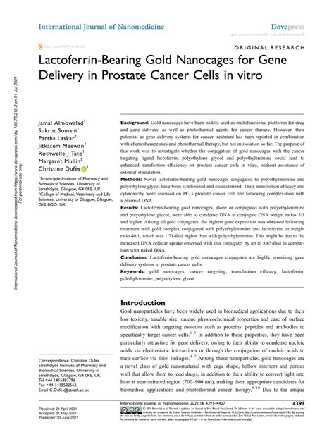 Pdf Lactoferrin Bearing Gold Nanocages For Gene Delivery In Prostate