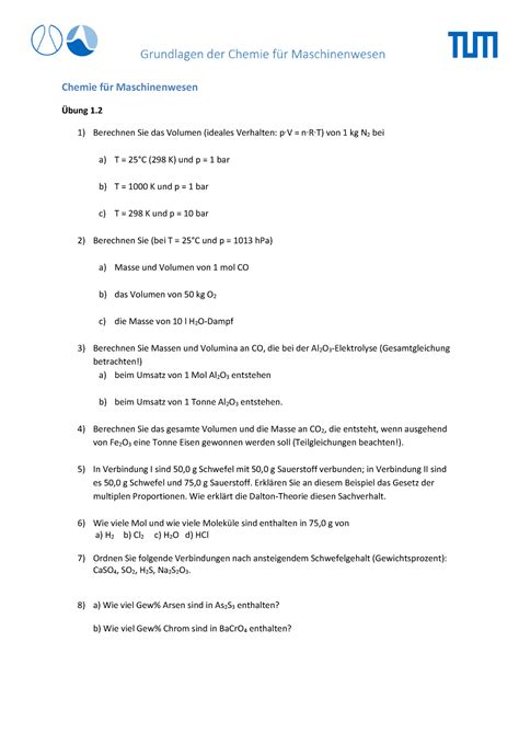 Tutorium 1 2 Woche 2 Chemie für Maschinenwesen Übung 1 2 1