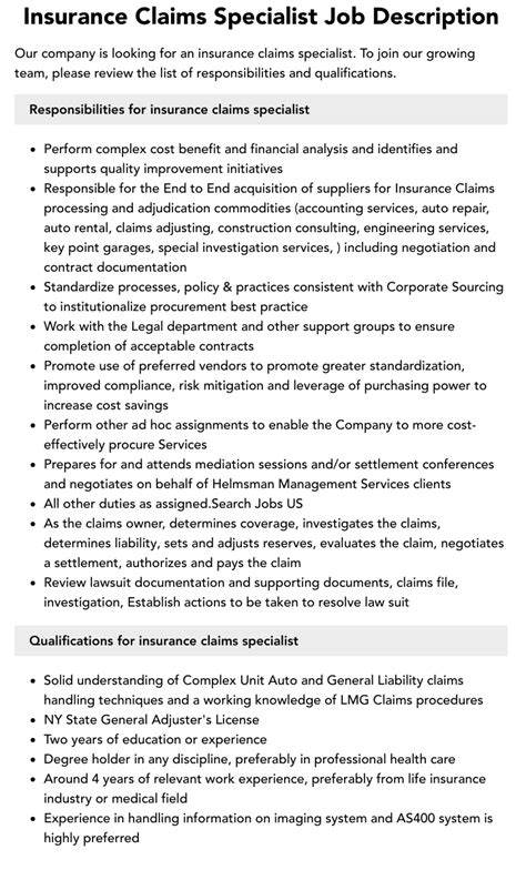 Insurance Claims Specialist Job Description Velvet Jobs