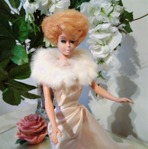 Vintage 1960 S Vintage Blonde Bubblecut Barbie In Enchanted Evening Dress Fur Stole Japan