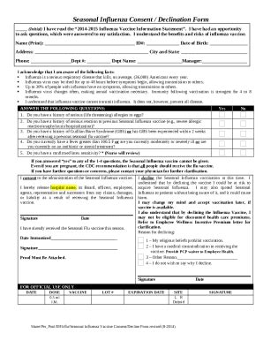 Seasonal Influenza Consent Declination Doc Template Pdffiller