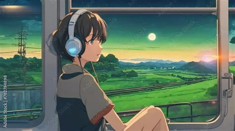 Anime Girl Wearing Headphones Train Passing By Village Cosmic