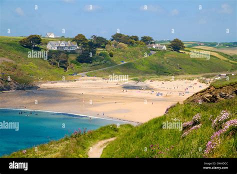 Poldhu Cove and beach, Mullion, Cornwall UK beach from the South West ...