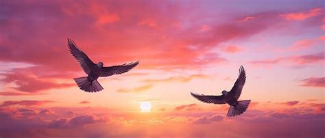 Premium Photo Pink Horizon Flight Two Birds Flying Past Sunset