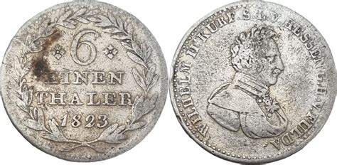 Hessen Kassel 1 6 Taler 1823 Wilhelm II 1821 1847 Fulda F VF MA