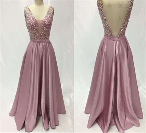 Pale Mauve Evening Dresses 2017 V Neck V Back Floor Length Slive