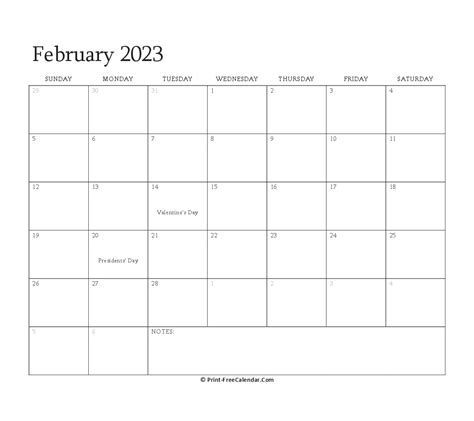 Printable February Calendar 2023 with Holidays