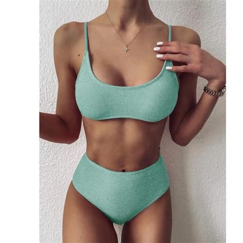 MAILLOT DE BAIN Femmes Taille Haute Sexy Bikini Ensemble Sport Maillot De Bain Solide Femme