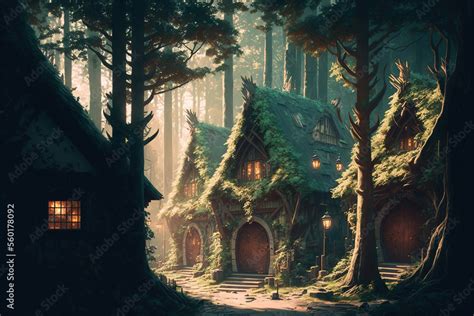 fantasy forest, village, firs, fern, fairy tale, elven, art ...