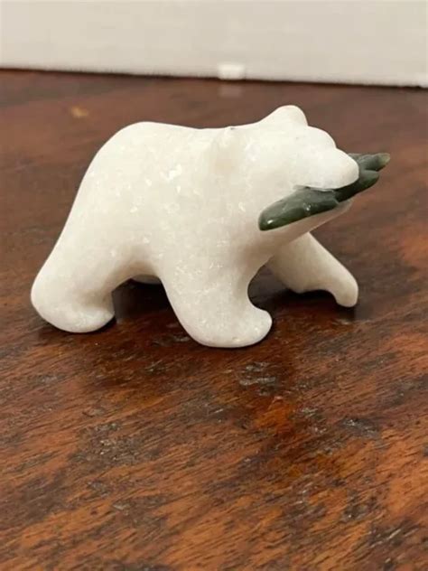 CASSIAR JADE HAND Carved White Marble Grizzly Bear Figurine W Jade Fish