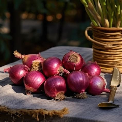 Premium Ai Image Ripe Fresh Red Onions On The Table Generative Ai