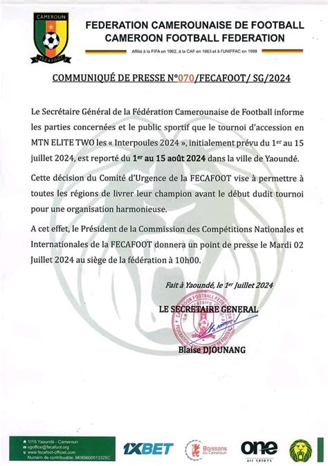 Inter Poules 2024 La FECAFOOT Fixe Une Nouvelle Date Du Tournoi