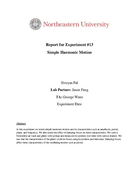 Experiment 13 Lab Report Report For Experiment Simple Harmonic Motion