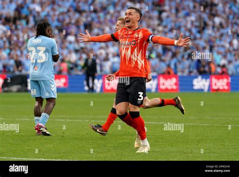 Luton Towns Dan Potts Celebrates After His Side Win During The Sky Bet