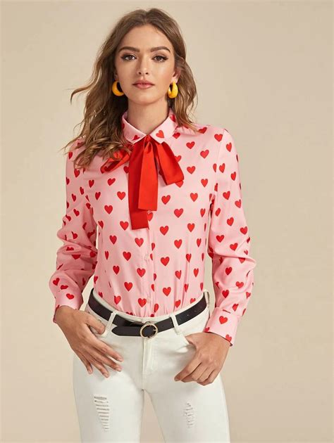 Tie Neck Heart Print Blouse SHEIN USA Tie Neck Blouse Neck Tie