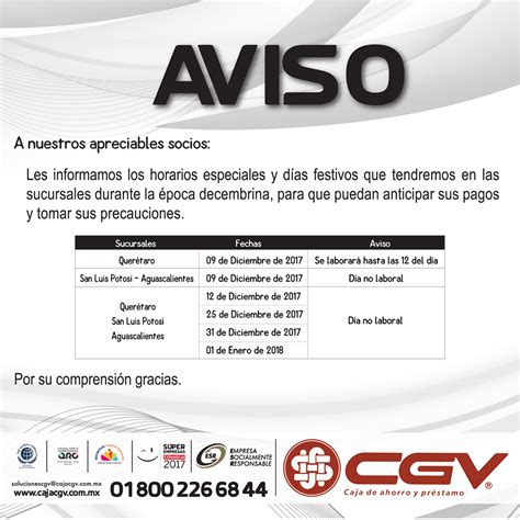 Aviso Cierre De Sucursales Caja Cgv