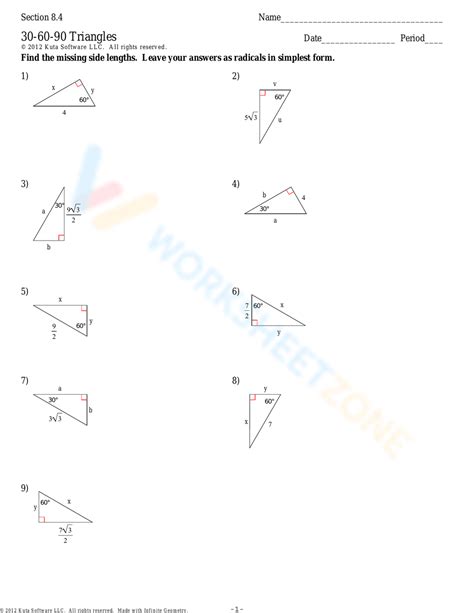 Free Collection of 30 60 90 Triangle Worksheets for Students