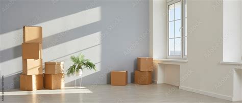 New house or apartment on moving day. Empty room with white and light ...