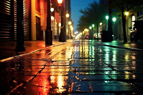 Premium Photo Rain Soaked Alleyway With Glowing Streetlights