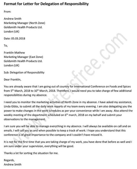 Sample Format For Letter For Delegation Of Responsibility Free Letters