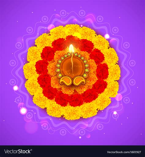 Decorated diwali diya on flower rangoli Royalty Free Vector