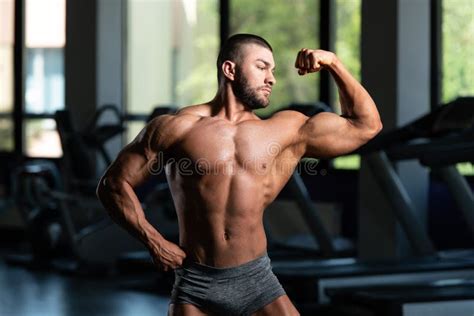 Os Homens Musculares Est O Batendo A Pose Dobro Traseira Do B Ceps Foto