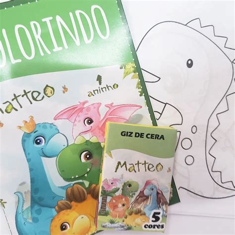 Kit Livrinho Revistinha De Colorir Giz De Cera Dinossauro Baby