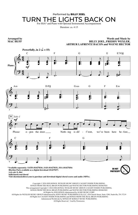 Billy Joel Turn The Lights Back On Arr Mac Huff Sheet Music