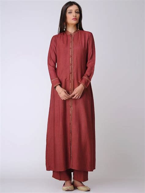 Buy Maroon Cotton Tussar Kurta With Block Printed Details Up To Off