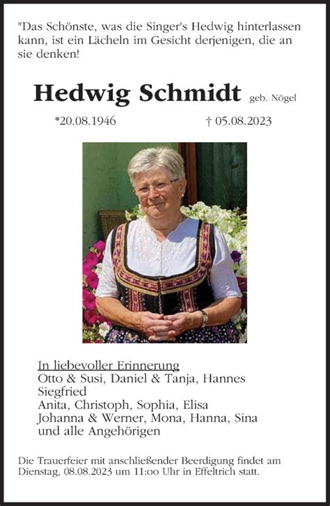 Hedwig Schmidt Traueranzeige Trauer InFranken De