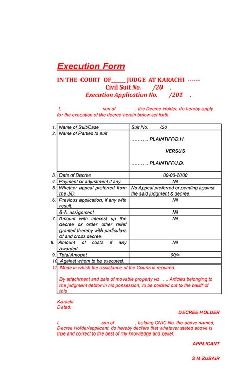 Execution Form Execution Application No I Son Of The Decree