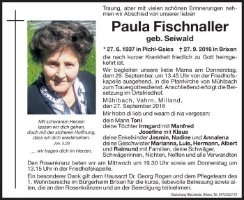 Traueranzeigen Von Paula Fischnaller Trauer Bz