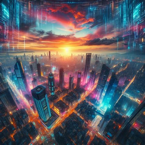 Neon Cityscape At Sunset Cyberpunk Urban Dystopia View AI Art