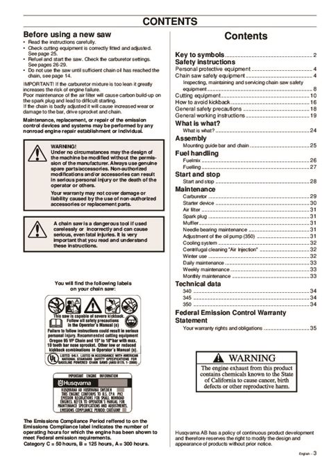 Husqvarna 340 345 350 Chainsaw Owners Manual, 1995,1996,1997,1998,1999 ...