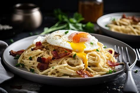 Premium Ai Image Plate Of Spaghetti Carbonara Topped With Crispy